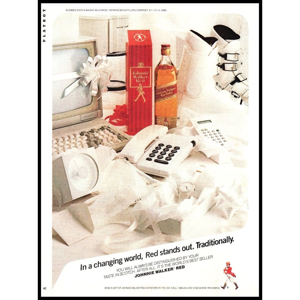 1987 Johnnie Walker Red Label Scotch Vintage Print Ad PC Personal Computer Art